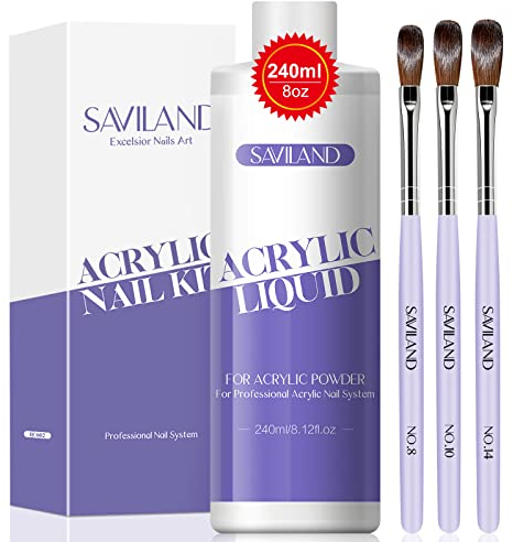 SAVILAND Acryl Liquid für Nägel – 240ML Acryl Liquid mit 3 Acryl Pinsel Größe (8/10/14) für Acryl Acrylpulver, Acryl Nagelset,Acryl Flüssigkeit für Nägel Verlängerung & Schnitzen im Acryl Nagelstudio