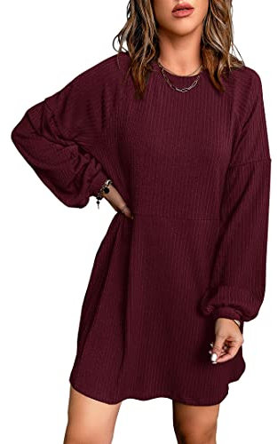 Basicspace Damen Langärmliges Kleid mit Taschen Puffärmel Glockenärmel Weinrotes Kleid Runder Kragen(S,Weinrot)