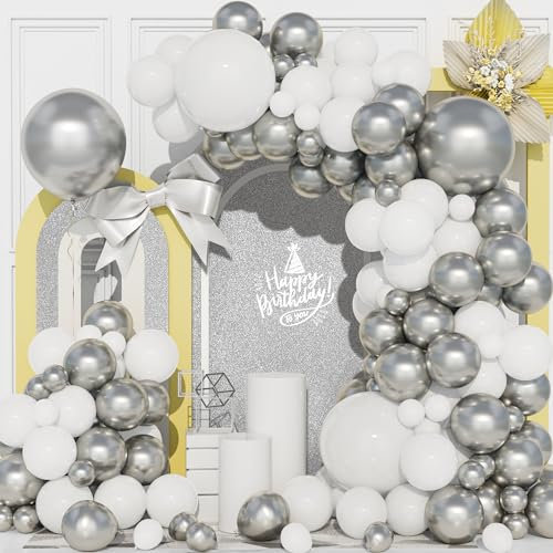 Ousuga Balloon Arch Kit - White and Silver Balloons, 111 Pcs Metallic Silver and White Latex Balloons Garland Arch for Graduation Anniversary Birthday New Years Eve Party Decorations