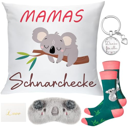 Panelee 5 Stück Danke Geschenk Mamas Schnarchecke Kissenbezug 45 x 45 cm Danke für Alles Schlüsselanhänger Socken Augenmaske und Grußkarte Koala Mama Geschenkset zum Geburtstag Muttertag Weihnachten