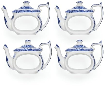 Spode Blaue italienische Teekannen-Serviettenringe, 4 Stück, Keramik-Serviettenringe, 6,3 cm, blau und weiß gestalteter Serviettenhalter für Unterhaltung, Tischdekoration oder Geschenk