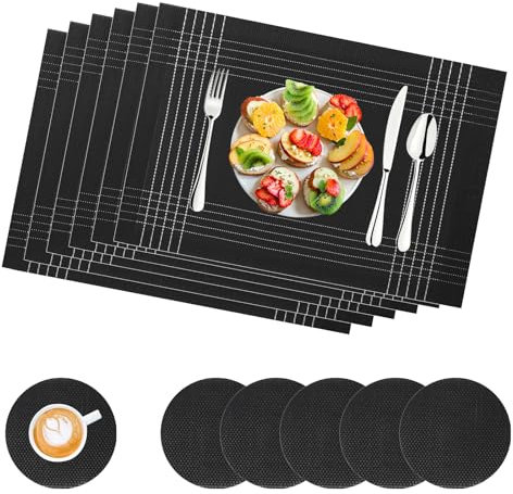 Manteles Individuales Lavables 45 cm x 30 cm GIOVARA Juego de 6 Salvamantele Individuales 70% PVC, 30% Poliéster, Antideslizantes Resistente al Calor, para Mesa de Cocina y Restaurantes,Negro (Negro)