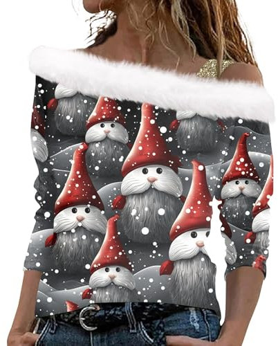 Topassion Weihnachtspullover Damen Mit Schulterriemen Xmas Plüsch Schulterfrei Langarm Pullover Off Shoulder Elegant Langarmshirt Herbstpullover Sweatshirt Christmas Winterpullover Sweatshirt(Red,XL)