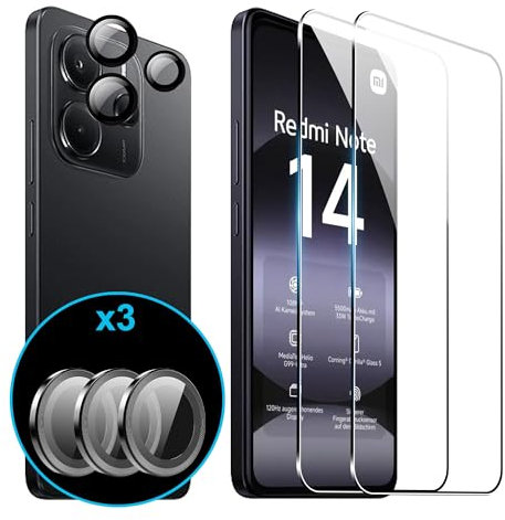 FDHYFGDY 2 Piezas Cristal Templado para Xiaomi Redmi Note 14 4G Protector de Pantalla, 2 Piezas Película de Vidrio para Cámara, Dureza 9H, Protector de Pantalla Antiarañazos y Antiburbujas