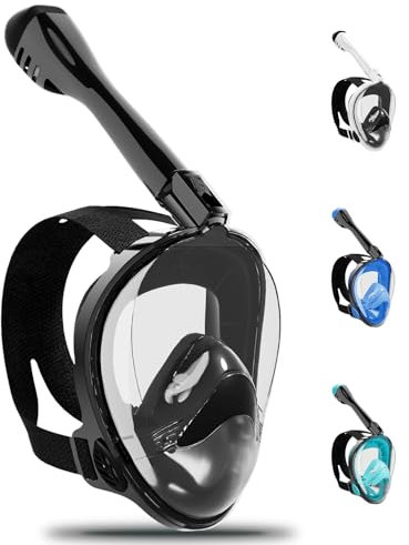 Schnorchelmaske Erwachsene Vollgesichtsmaske – CO₂ sicher Wasserdicht & Beschlagfrei Tauchmaske mit Kamera Halterung – Tauchermaske mit Tragetasche & Ohrstöpsel (Tiefes Schwarz, L/XL)