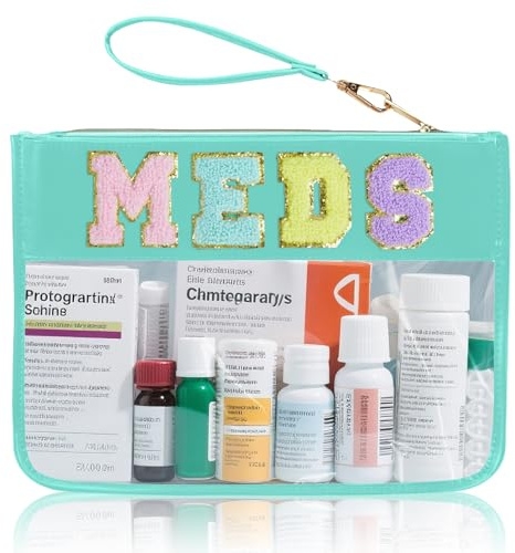 Chenille Letter Clear Zipper Pouch for Travel Preppy Patch Makeup Bag-Nylon Cosmetic Preppy Makeup Waterproof Organizer Bag Set for Women Valentines Bag, Green-Meds, Fashion