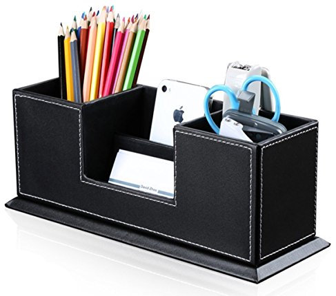 Multifonctionnel Organisateur de Bureau avec 4 Compartiments Ranger Porte-Cartes/Téléphone Portable/Papeterie/Agrafeuse/Télécommande Pot à Crayons en Cuir PU Boîte de Stockage pour Bureau Maison-Noir