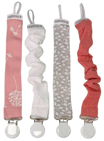 MIMUSELINA Lot de 4 Attache Tetine avec Pince en Métal - Attache Sucette Bébé avec Boucle Élastique et Pince - Attache Tetine en Tissu pour Accrocher les Tétines (Rose)