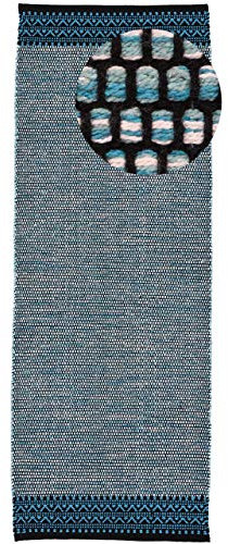 carpetfine Baumwollteppich Kelim Mia Läufer Blau 60x180 cm | Moderner Teppich für Wohn- und Schlafzimmer