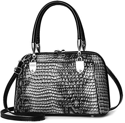 NICOLE & DORIS Retro Handtasche für Frauen Schultertaschen Klassische Krokodil Umhängetasche PU Leder Henkeltasche Shopper Tasche Dunkelgrau A