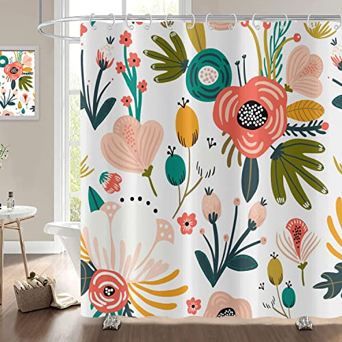 Hnmdmyi Rideau de Douche Boho Fleurs 180x180,Fleurs bohèmes Feuilles Tropicales Rideau de Bain coloré Abstrait Mid Century Art esthétique Imperméable Tissu Polyester Lavable Rideau de Bain HNM-49