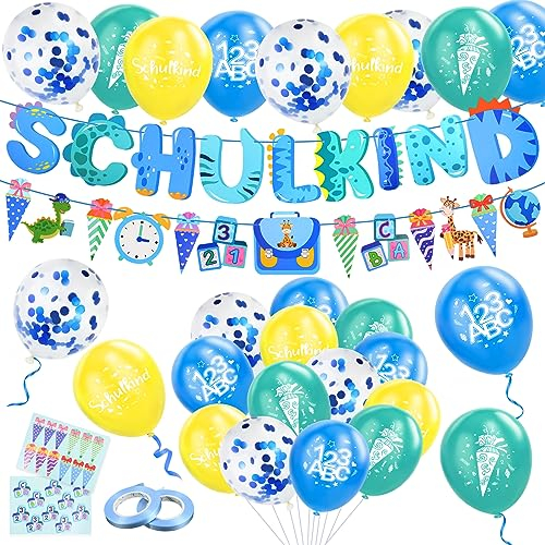 Einschulung Deko,Schulkind Deko Einschulungsdeko Junge Mädchen,Schuleinführung Deko Schulanfang Deko,Schulkind Girlande,Luftballon mit ABC,123 Motiv für Jungen Mädchen,Aufkleber Einschulung,Blau