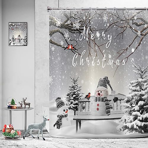 Hnmdmyi Duschvorhang Weihnachten 180x180, Winter Schneemann Schneeflocke Weihnachtsbaum Kardinal Vogel Urlaub Grau Badewanne Vorhang Wasserdicht Polyester Stoff Waschbar Badevorhang mit Haken