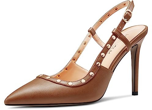 HDEUOLM Damen Stiletto Hoher High Absatz Heel Spitze Zehenkappe Sandalen Slingback Slip-on Pumps Schnalle Nieten Party Dress Sommer 10 cm Heels Braun 43 EU