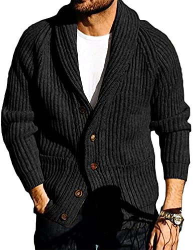 Runcati Mens Cardigan Knitted Chunky Jacket Shawl Collar Cable Knit Loose V Neck Knitwear Outerwear, Black, XL