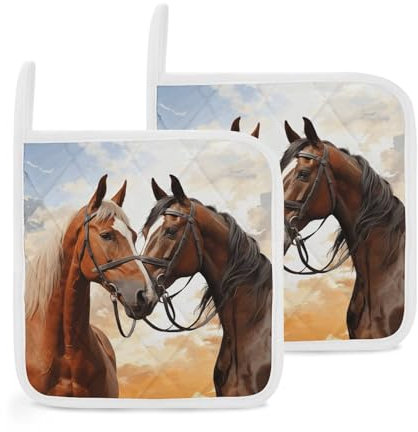 Topflappen mit Tasche, hitzebeständig, für Arbeitsplatten, Ofen, Topflappen, Paare, Pferde, waschbar, Untersetzer, für Küche, Kochen, Backen, 20,3 x 20,3 cm, 2 Stück