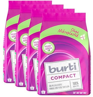 4er Set Burti Compact 1,1 KG (ca. 88 Waschladungen) - reinigt pflegeleichte, farbige und feine Textilien mit reine Seife, natürlichen Enzyme und der 4xAktiv-Plus-Formel besonders schonend