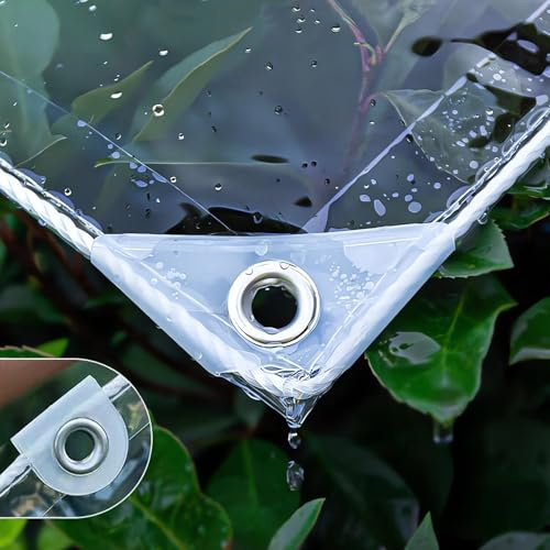 HQQMNY Transparent Plane mit ösen aus PVC 0,5mm Wasserdicht Abdeckplane 600g/㎡ Wetterfeste Regenschutz Klare Wetterfeste Gewebeplane Allzweckplane für Gartenmöbel Pflanzen Pavillon, 8m x 10m