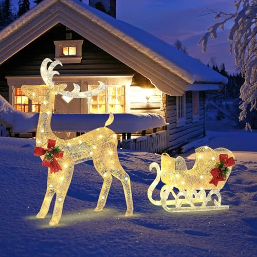 SOARS Led Rentier Outdoor mit Schlitten, beleuchtete Rentier mit 100 warmweißen Lichtern, 121,5cm Weihnachtsrentier Weihnachtsdeko Weihnachtsfigur für Außen und Innen, inkl. Erdspießen