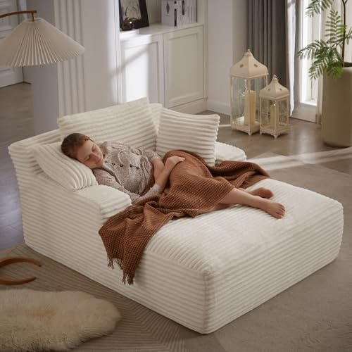 ivoros 50 Inch Chaise Lounge Chair Indoor, Oversized Corduroy Upholstered Boneless Sofa Bed, Deep Seat Sleeper Couch Reading Chairs, Cloud Sofas Couches for Living Room, No Assembly Required (Beige)