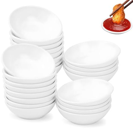 PET Bols à Sauces, 24 Pièces Bols à Trempette Soja, 7,2 x 1,9cm Mini Vaisselle à Trempette, Réutilisable Petit Assiette à Sauce, Rond Fruits Assiette, pour Accompagnements, Fruits et Dessert, Blanc