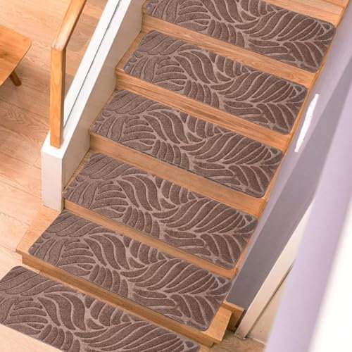 M.J COMFY-LIFE 15 PCS Stair Tread Pads Stair Mats Carpet Non-slip Step Protectors - 65x20cm Reusable Stair Runner Rugs Covers Stair Protection Mats for Home Indoor Pets Kids Elders (Brown, 15pcs)