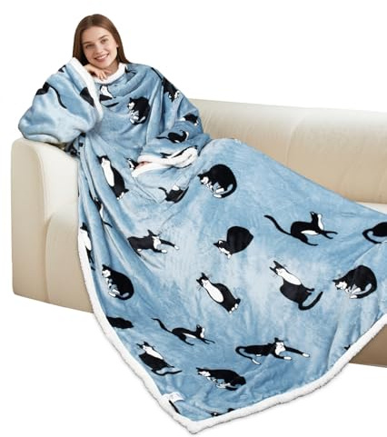 Catalonia Classy Decke mit Ärmeln als Geschenk für Frauen Herren, Flauschig Sherpa Kuscheldecke mit Ärmel, Cozy Ärmeldecke Warm Decke zum Anziehen Erwachsene, 185 x 140 cm Katze Grau
