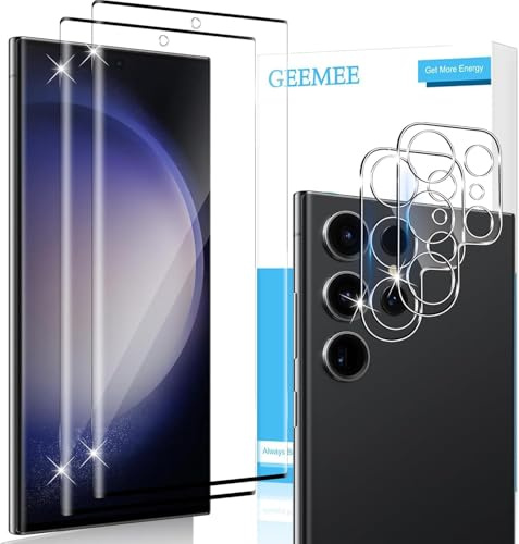 GEEMEE Screen Protector for Samsung Galaxy S23 Ultra, 2+2 Pack 3D Screen Protector + Camera Lens Protector, 9H Hardness HD Clear Anti-Scratch Bubble Free Tempered Glass Protective