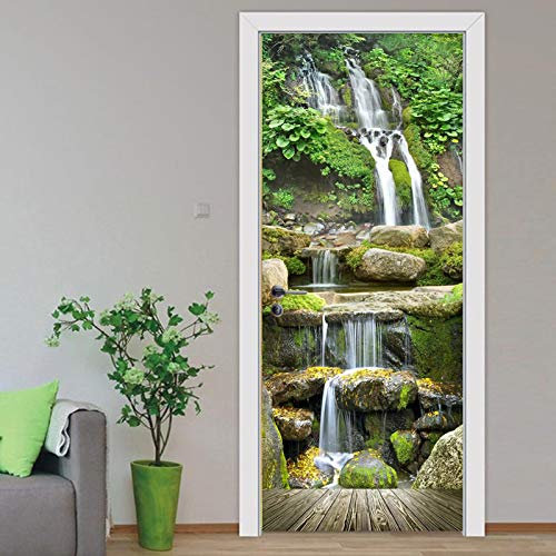 Stickers 3D Porte Poster Paysage De Cascade Créatif Papier Peint Porte Trompe L'Oeil Pour Salon Chambre Décoration De La Maison Stickers Muraux Imperméable Stickers Amovibles 77X200Cm