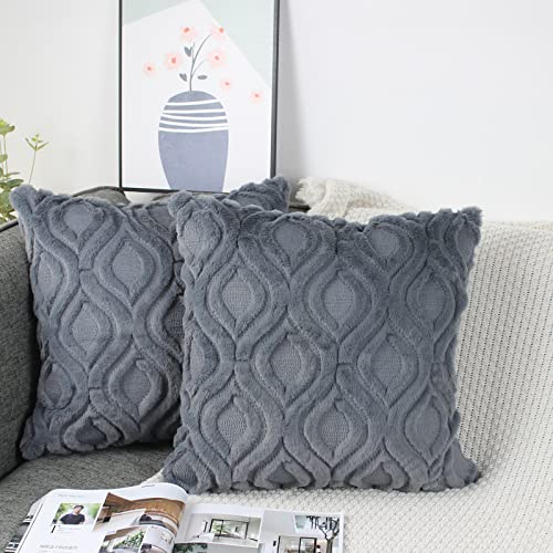 NIULAA 2er Set Plüsch Wolle Kissenbezug 45x45 Anthrazit Grau Samt Boho Deko Kissen Flauschig Couchkissen Dekokissen Fell Kissenbezüge für Sofa Wohnzimmer Modern Kissenhülle Bezug Sofakissen