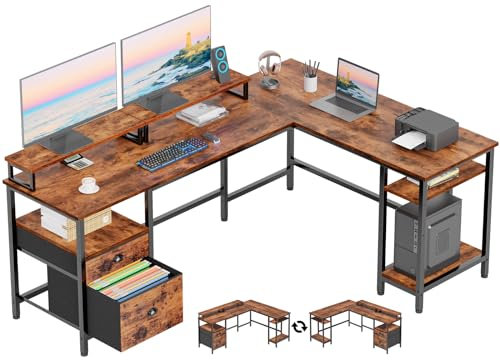 Furologee 66 L Shaped Computer Desk with Shelves, Reversible Corner Gaming Desk with File Drawer and Dual Monitor Stand, Large Home Office Table Writing Study Workstation, Rustic Brown