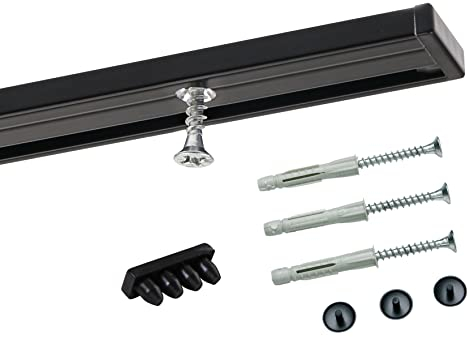 Deco-Raum Gardinenschiene auf Maß Aluminium 1-läufig vorgebohrt Vorhangschiene Deckenbefestigung für Schiebevorhang Vorhang Gardinen mit Befestigungsmaterial schwarz 160 cm Minimal