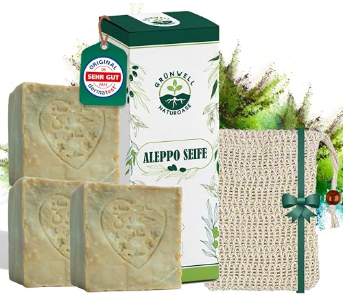 Grünwell Naturoase Aleppo Seife original 3x 200g (ca. 600 gr)100% Olivenöl | Olivenölseife Natürliche Pflege für Gesicht und Körper | Haarseife olivenöl seife | aleppo soap | original aleppo seife