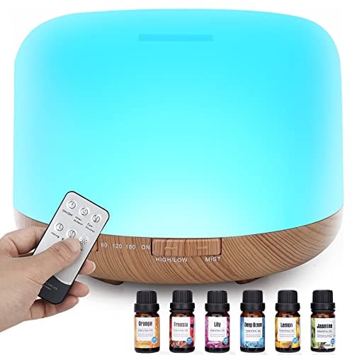 500ML Aroma Diffuser für Ätherische Öle,BPA-frei Aromatherapie Diffuser mit Fernbedienung und 6 * 10ml Ätherische Öle Ultraschall Luftbefeuchter,7 Farben LED-Licht,Wasserlose Abschaltautomatik,Gelb
