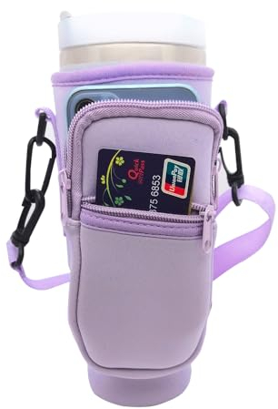 Amsthow Water Bottle Carrier Bag with Phone Pocket Stanley Purple Water Bottle Holder Sleeve with Strap Carrier Tumbler Pouch for Stanley Cup 30 40oz (Purple)