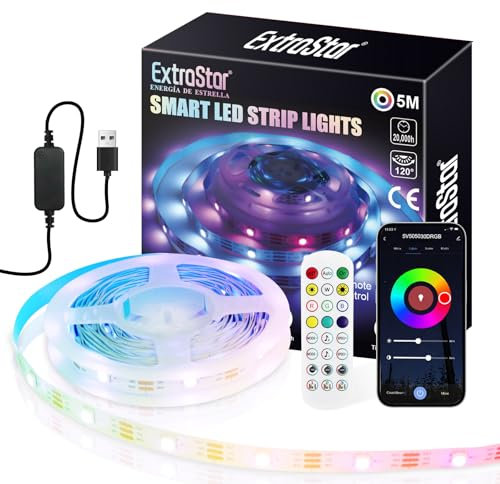 EXTRASTAR Striscia LED 5M, Luci Led Camera da Letto con APP Bluetooth e Telecomando, Sync-to-Music, Modalità di Temporizzazione, DIY Strisce Led per Decorazioni Stanza, Sala Giochi, Feste, Festival