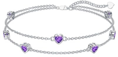 Flpruy Amethyst Armband Damen 925 Sterling Silber Doppel-Herz Design, Februar Geburtsstein Armkette verstellbar (18+5cm), Lila Schmuck Geschenk für Frauen Partnerin Mama