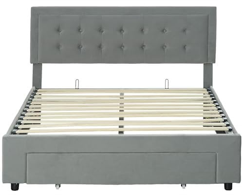 HOMCOM Double Ottoman Bed Frame with Hydraulic Lifting Storage, Wheeled Drawer, Adjustable Velvet Upholstered Headboard, Wooden Slats Mattress Foundation, No Box Spring Needed, Grey