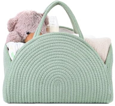 ZHUIYIWIN Nappy Caddy Organiser, Nursery Storage, Newborn Essentials for Diaper Caddy with Detachable Compartments, Baby Essentials for Newborn, Cotton Woven Rope Nappy Organiser (Green)