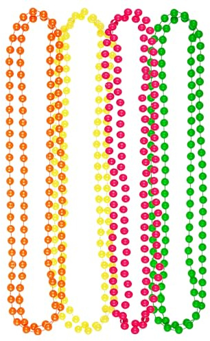 Lot de 4 colliers de perles fluo - 84 cm de long - Réactif aux UV - Rose vif, jaune, vert et orange - Accessoires de déguisement rétro années 80 pour raves, festivals, enterrements de vie de jeune
