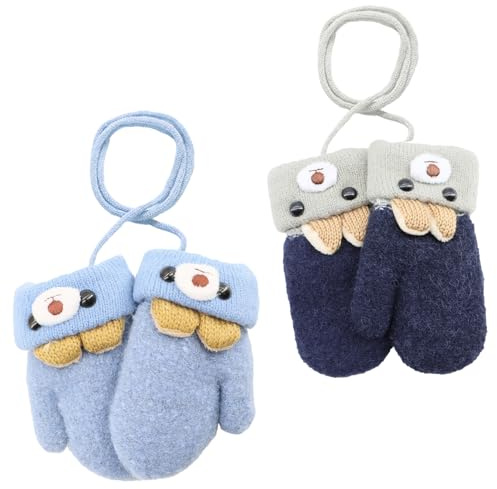 Solivive Lot de 2 Paires de Moufles Bébé Tricotées – Gant Enfant Chaud avec Motif Animal Doux, Doublure en Fourrure et Corde Anti-Perte pour 0–3 Ans