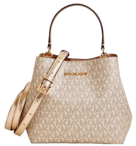 Michael Kors Damen Umhängetasche Pratt Small Bucket Messenger – Pale Gold, PVC & Leder, goldfarbene Details, verstellbarer Schulterriemen