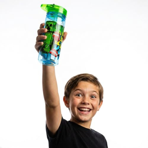 Minecraft Creeper Plastic Water Bottle 560ml Flip Straw Kids Drinks Bottle | Official Gaming Hydration Cup With Leak Resistant Lid For Everyday Use