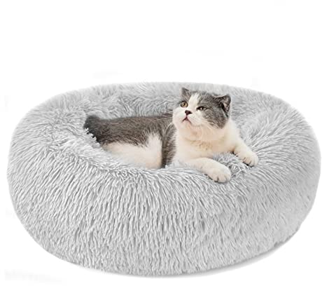 Hundebett Katzenbett Flauschig Rund aus Plüsch - Donut Kuscheliges Hundekissen Hundekorb Waschbar S/M/L/XL/XXL für Kleine, Mittelgroße und Große Hunde, Katzen und Andere Haustiere (S-40cm, Hellgrau)
