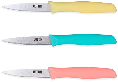 Quttin Cuchillo Pelador Profesional Set de 3 Piezas. Ligero y Manejable con Hoja Afilada, Pelador de Patatas. Mango Polipropileno en 3 Colores. Modelo Samba