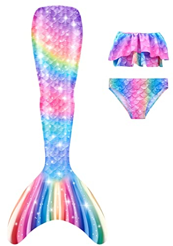 NAITOKE Meerjungfrauenschwanz zum Schwimmen für Kinder mit Bikini für Mädchen,3pc ohne Monoflosse