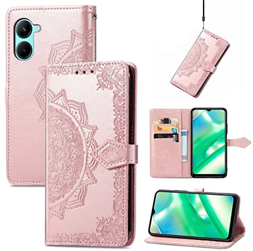 COMAKU Funda de Mandala para el Realme C33, Prima Carcasa de PU Piel con Ranuras para Tarjetas - Oro Rosa