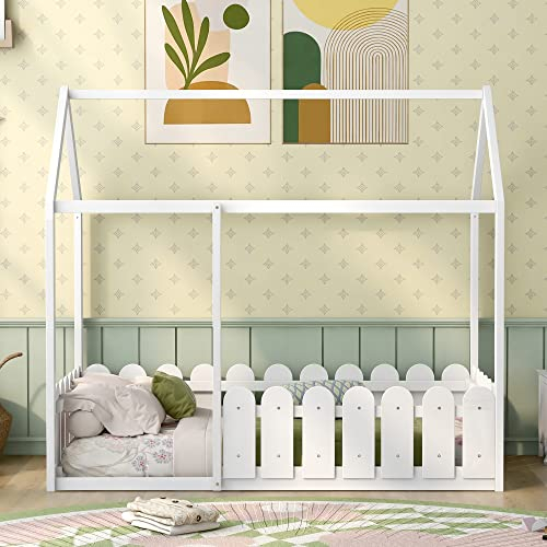 KecDuey Kinderbett 80x160cm Holzhaus Bett Bodenbett Bettgestell Hausbett Massivholz Kinder Bett Baumhausbett Bettenhaus aus Holz Spielbett Holz (Weiß, 80 x 160 cm)
