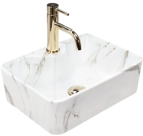 Rea VASQUE À POSER KELLY MINI AIAX SHINY Lavabo Salle de Bain 400 x 305 x 130 mm en Céramique (Blanc, imitation de marbre)