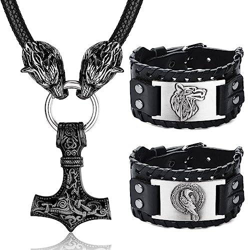 MILACOLATO Viking Necklace Thor Hammer Necklace Norse Viking Thor's Hammer Real Leather Necklace, Stainless Steel Men Vintage Original Pendant Bracelet Mjolnir Necklace Set Black